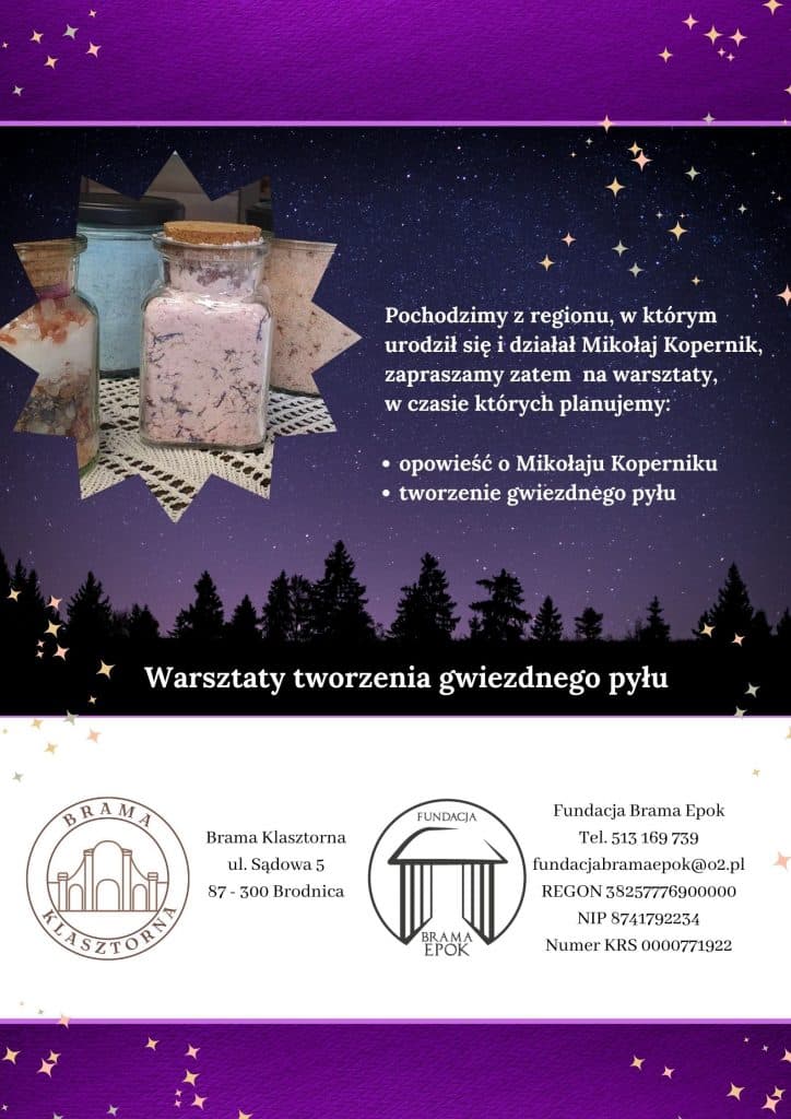 Plakat warsztatów tworzenia gwiezdnego pyłu Fundacji Brama Epok – słoiczek z kolorowym pyłem na tle nocnego nieba