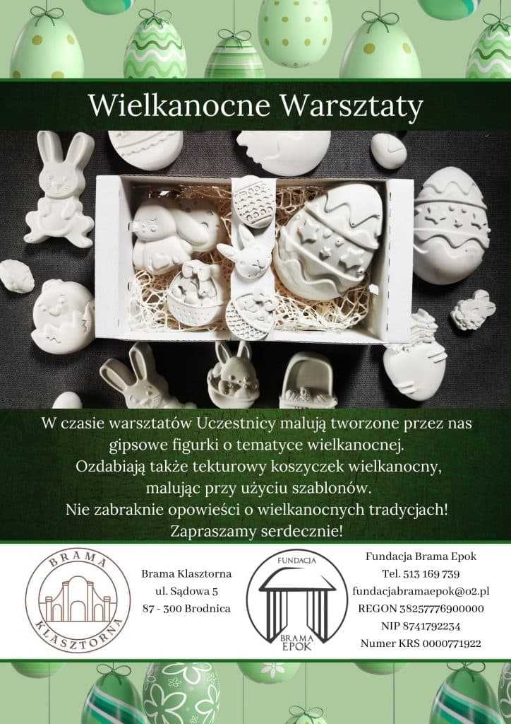 Plakat „Wielkanocne Warsztaty” Fundacji Brama Epok – gipsowe figurki zajączków i pisanek w pudełku