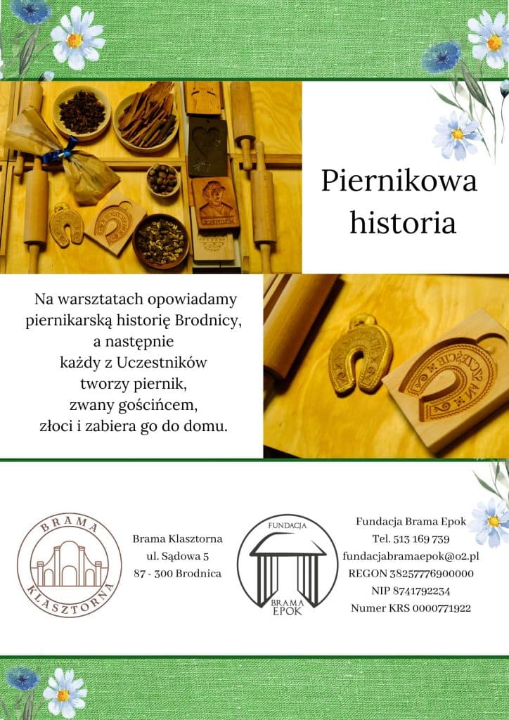 Plakat warsztatów „Piernikowa historia” Fundacji Brama Epok – drewniane formy do pierników, wałki i przyprawy